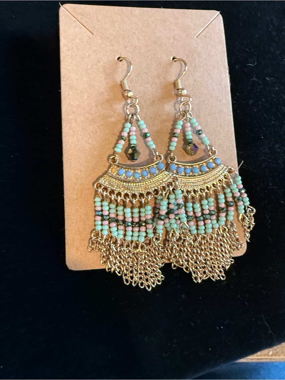 Boho Fringe Drop Earrings in Mint & Pink - Unbranded